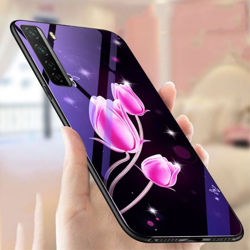 Skal Huawei P40 Lite 5G Magenta Härdat Glas Och Blommig Silikon