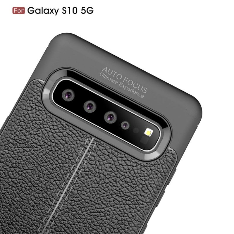 Skal Samsung Galaxy S10 5G Svart Lychéläder Med Dubbla Linjer