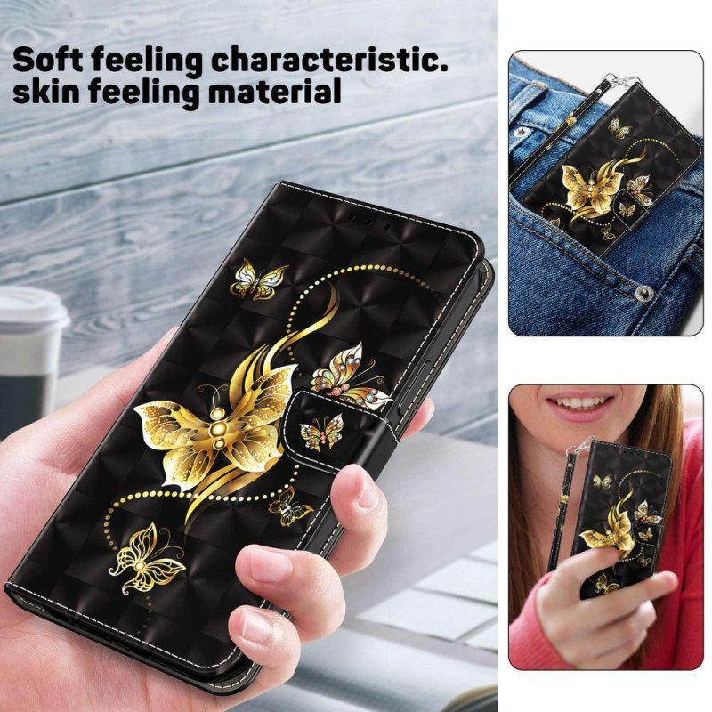Fodral iPhone 14 Pro Med Kedjar Gyllene Fjärilar Med Rem