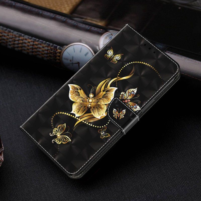 Fodral iPhone 14 Pro Med Kedjar Gyllene Fjärilar Med Rem