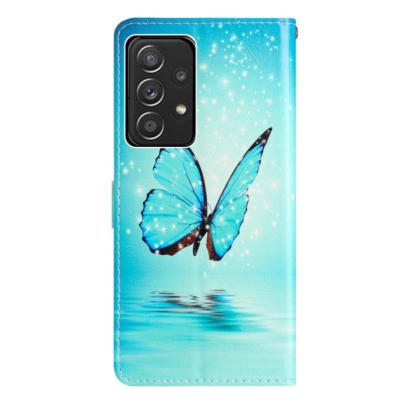 Fodral Samsung Galaxy A53 5G Med Kedjar Blå Fjärilar Med Rem