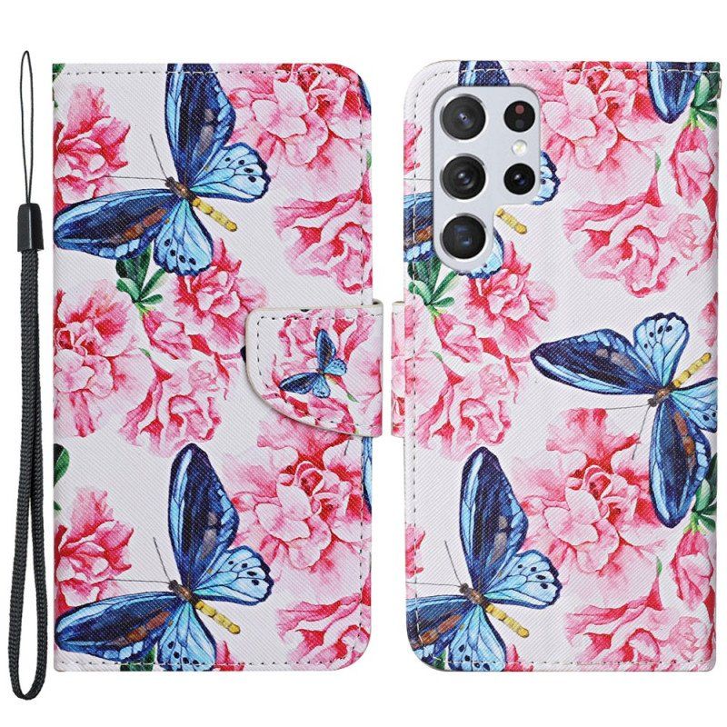 Fodral Samsung Galaxy S22 Ultra 5G Butterflies Floral Lanyard