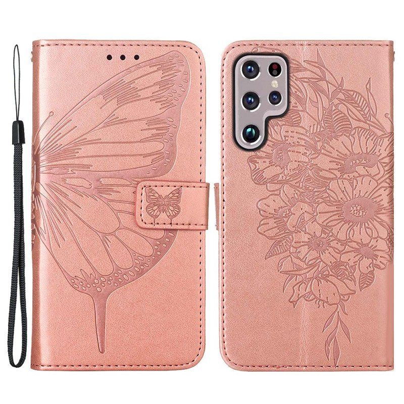 Fodral Samsung Galaxy S22 Ultra 5G Butterfly Design Med Lanyard