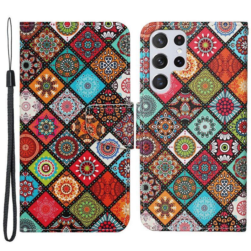 Fodral Samsung Galaxy S22 Ultra 5G Patchwork-mandalas Med Linne