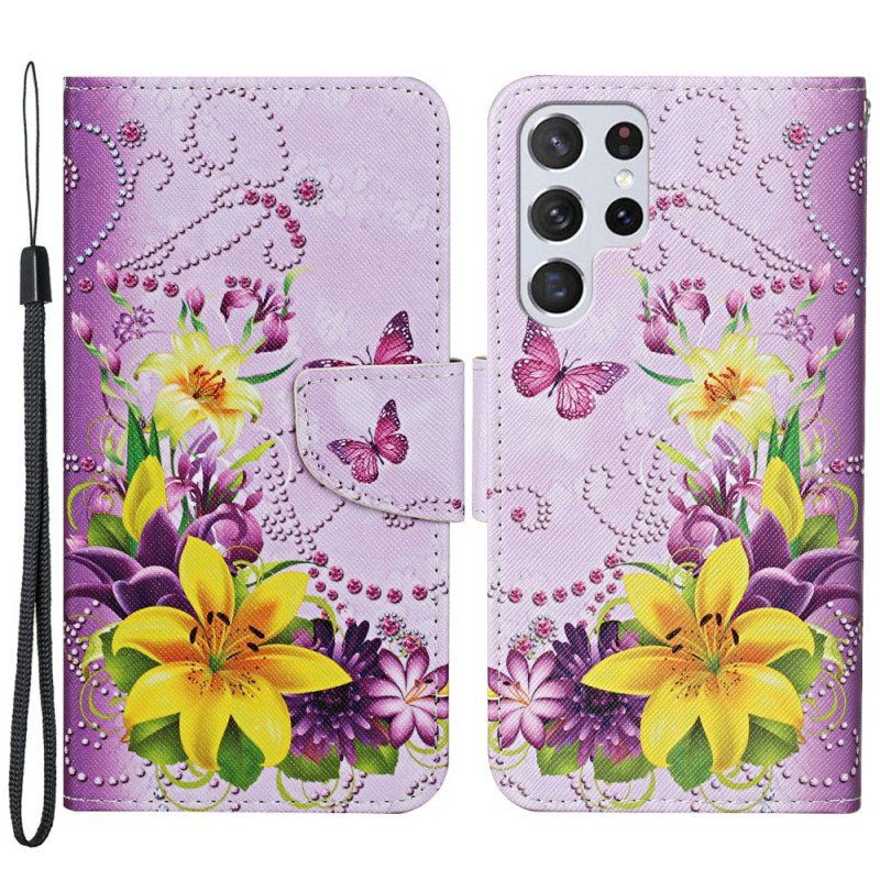 Folio-fodral Samsung Galaxy S22 Ultra 5G Mästerliga Blommor Med Rem