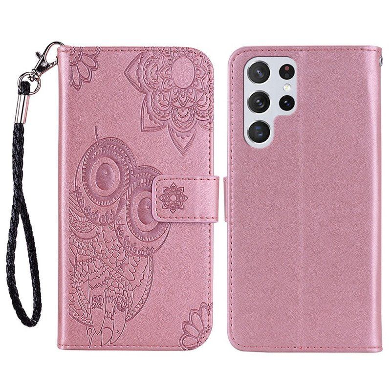 Folio-fodral Samsung Galaxy S22 Ultra 5G Uggla Mandala Och Lanyard