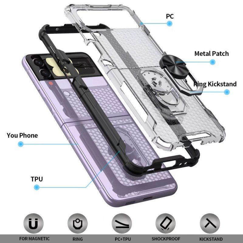 Folio-fodral Skal Samsung Galaxy Z Flip 4 Läderfodral Honeycomb Med Ring-stöd