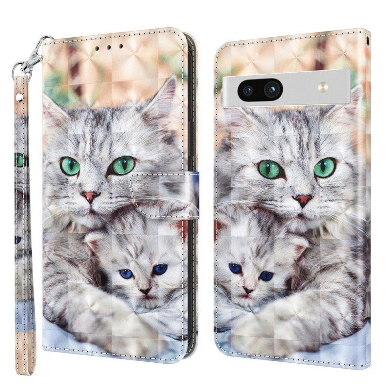 Läderfodral Google Pixel 7A Med Kedjar Strappy Cat Family