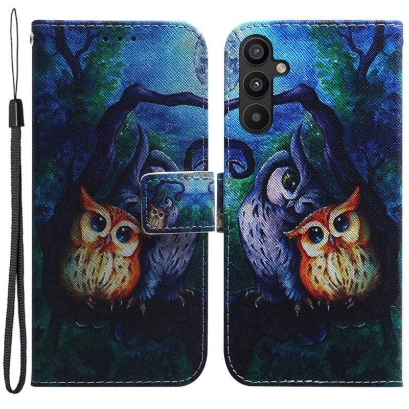 Läderfodral Samsung Galaxy A54 5G Med Kedjar Strappy Owls Målning