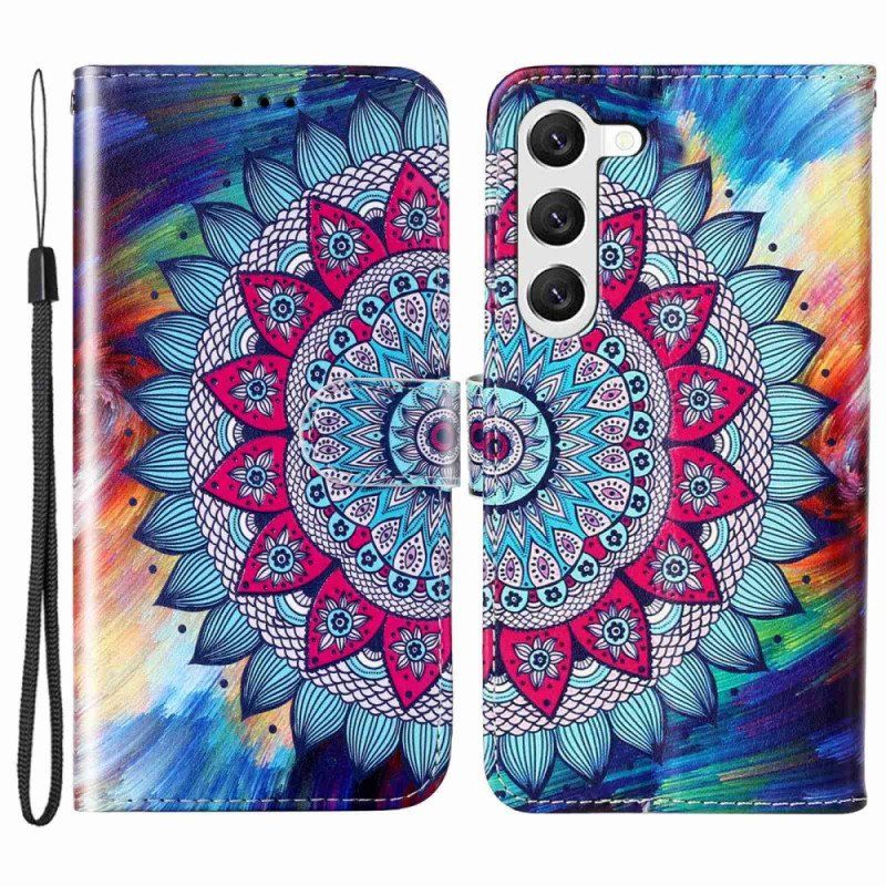 Läderfodral Samsung Galaxy S23 5G Med Kedjar Färgglad Strappy Mandala