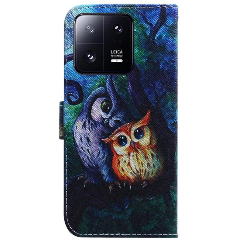 Läderfodral Xiaomi 13 Pro Med Kedjar Strappy Owls Målning